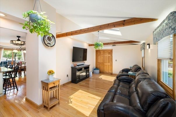 Dining room, Interior, Living room, Recessed Lighting, Wooden Beams, Wood Texture Flooring