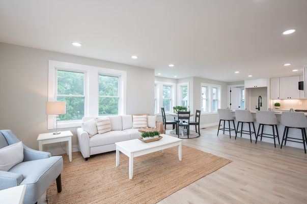 Dining room, Interior, Kitchen, Living room, Recessed Lighting, Wood Texture Flooring