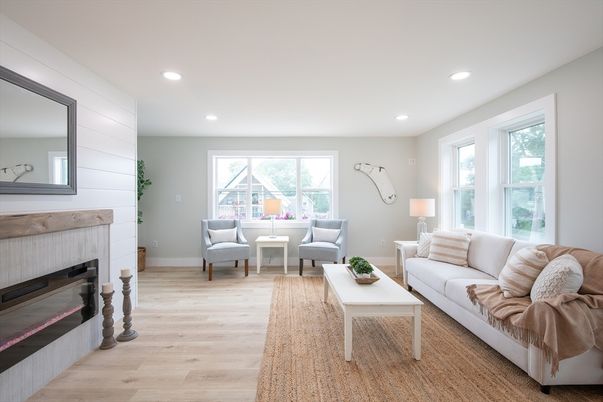 Fireplace, Interior, Living room, Recessed Lighting, Wood Texture Flooring