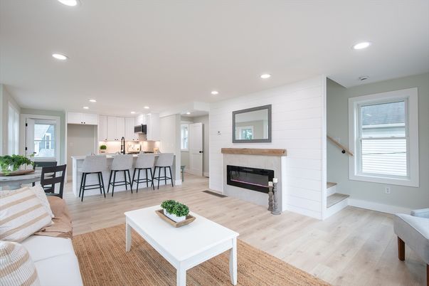 Dining room, Fireplace, Interior, Kitchen, Living room, Recessed Lighting, Wood Texture Flooring