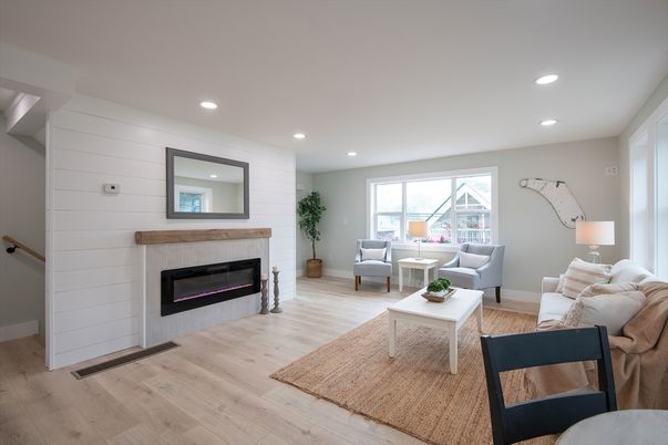 Fireplace, Interior, Living room, Recessed Lighting, Wood Texture Flooring