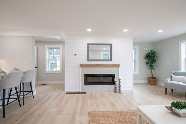 Fireplace, Interior, Recessed Lighting, Wood Texture Flooring