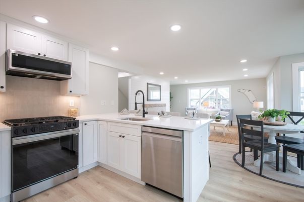 Dining room, Interior, Kitchen, Living room, Recessed Lighting, Stainless Steel Appliances, Wood Texture Flooring