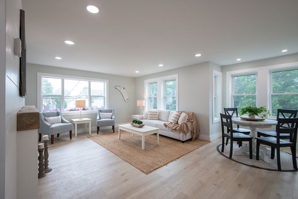 Dining room, Interior, Living room, Recessed Lighting, Wood Texture Flooring