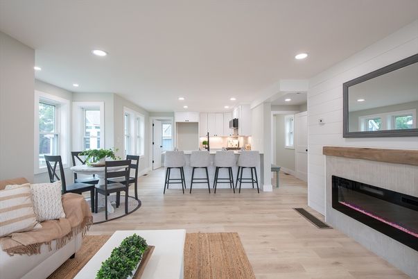 Dining room, Fireplace, Interior, Kitchen, Recessed Lighting, Wood Texture Flooring