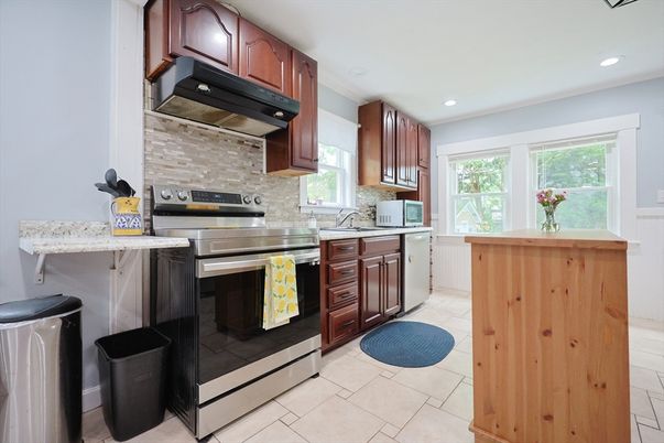 Interior, Kitchen, Recessed Lighting, Stainless Steel Appliances, Stone Walls