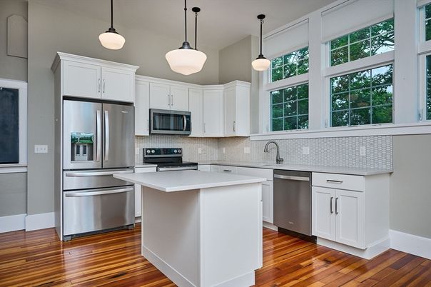 Interior, Kitchen, Pendant Lights, Stainless Steel Appliances, Wood Texture Flooring