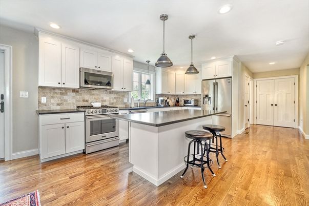 Interior, Kitchen, Pendant Lights, Recessed Lighting, Stainless Steel Appliances, Wood Texture Flooring