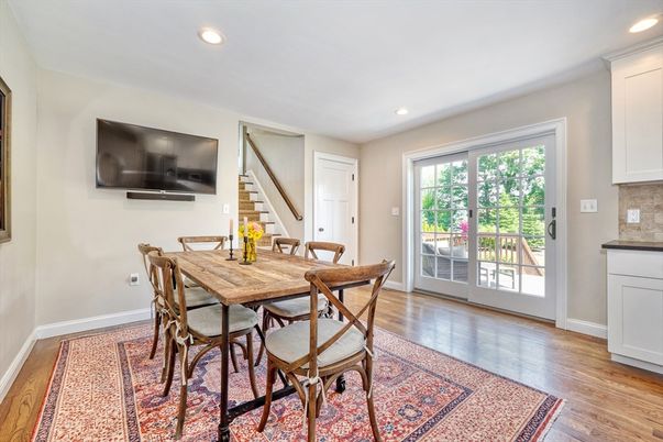 Dining room, Interior, Recessed Lighting, Wood Texture Flooring
