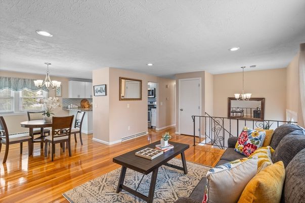 Chandelier, Dining room, Interior, Kitchen, Living room, Pendant Lights, Recessed Lighting, Wood Texture Flooring