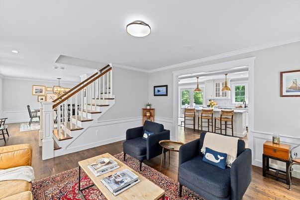 Dining room, Interior, Living room, Pendant Lights, Recessed Lighting, Wood Texture Flooring