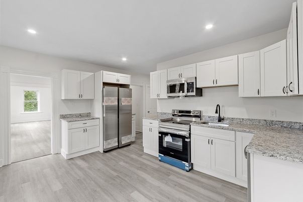 Interior, Kitchen, Recessed Lighting, Stainless Steel Appliances, Wood Texture Flooring