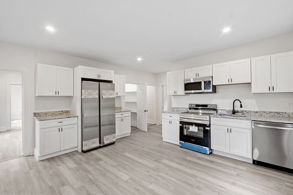 Interior, Kitchen, Recessed Lighting, Stainless Steel Appliances, Wood Texture Flooring