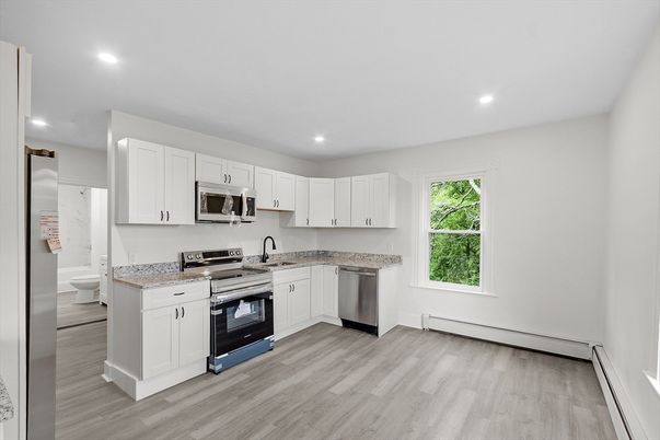Interior, Kitchen, Recessed Lighting, Stainless Steel Appliances, Wood Texture Flooring