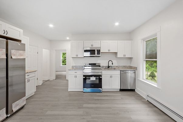 Interior, Kitchen, Recessed Lighting, Stainless Steel Appliances, Wood Texture Flooring