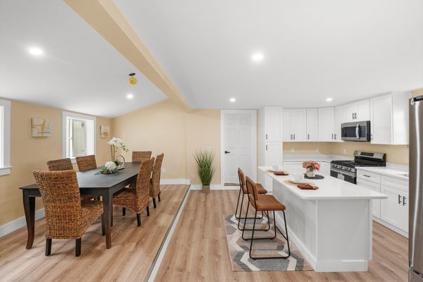 Dining room, Interior, Kitchen, Recessed Lighting, Stainless Steel Appliances, Wood Texture Flooring