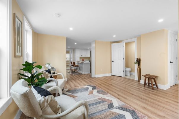 Dining room, Interior, Kitchen, Recessed Lighting, Wood Texture Flooring