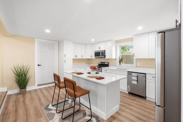 Interior, Kitchen, Recessed Lighting, Stainless Steel Appliances, Wood Texture Flooring