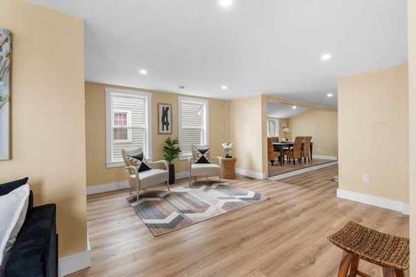 Dining room, Interior, Living room, Recessed Lighting, Wood Texture Flooring