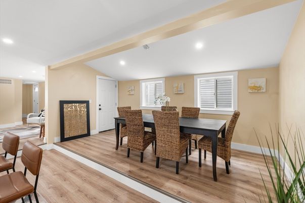 Dining room, Interior, Recessed Lighting, Wood Texture Flooring
