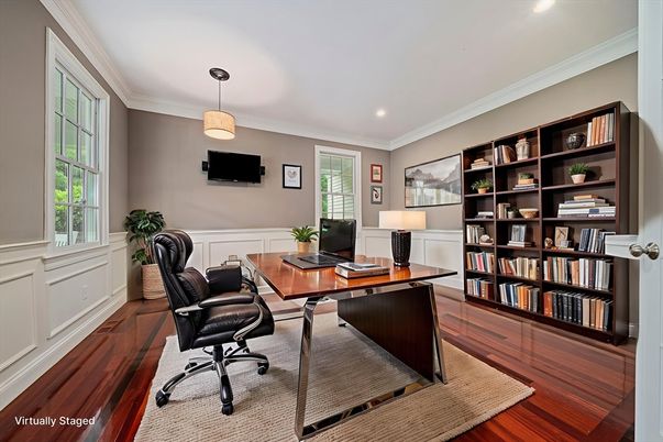 Home Office, Interior, Pendant Lights, Recessed Lighting, Wood Texture Flooring