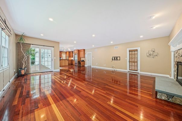 Empty room, Fireplace, Interior, Recessed Lighting, Wood Texture Flooring