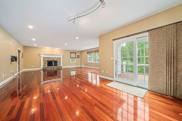 Empty room, Fireplace, Interior, Recessed Lighting, Wood Texture Flooring