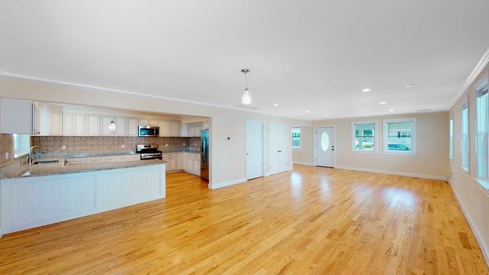 Empty room, Interior, Kitchen, Pendant Lights, Recessed Lighting, Wood Texture Flooring