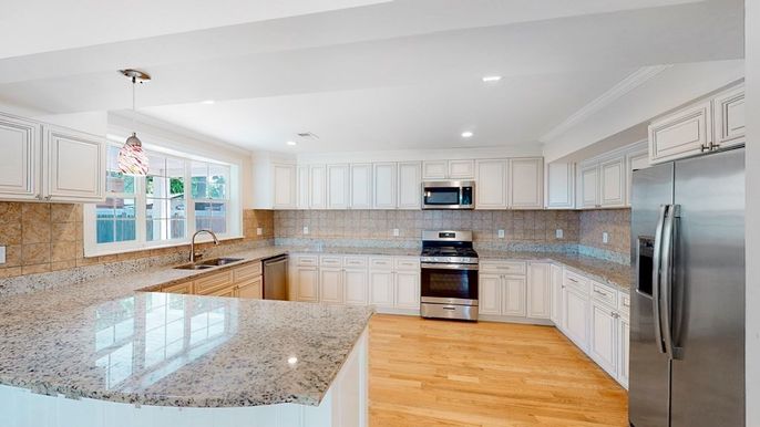 Interior, Kitchen, Pendant Lights, Recessed Lighting, Stainless Steel Appliances, Wood Texture Flooring
