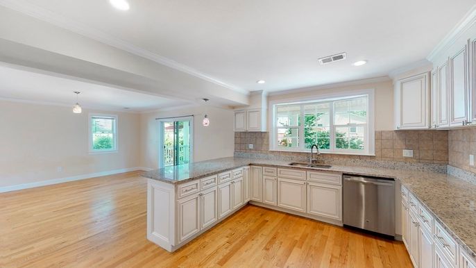 Interior, Kitchen, Pendant Lights, Recessed Lighting, Wood Texture Flooring
