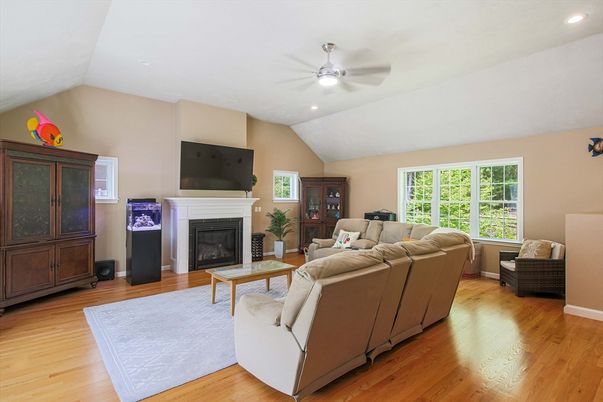 Fireplace, Interior, Living room, Recessed Lighting, Wood Texture Flooring