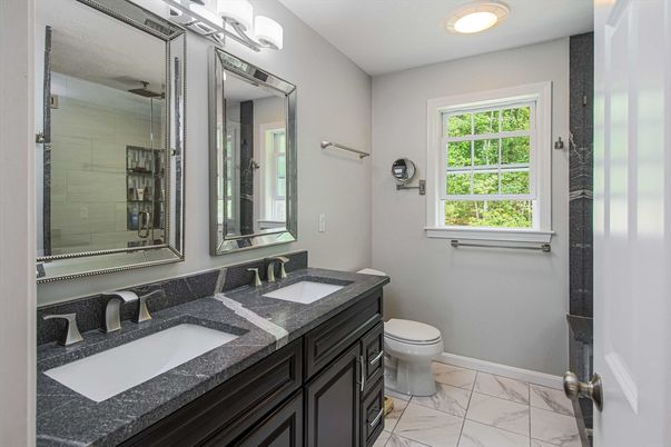 Bathroom, Dual Sink Vanities, Interior, Marble, Recessed Lighting