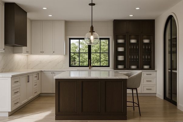 Interior, Kitchen, Marble Walls, Pendant Lights, Recessed Lighting, Wood Texture Flooring
