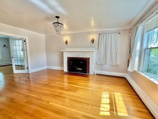 Chandelier, Empty room, Fireplace, Interior, Wood Texture Flooring