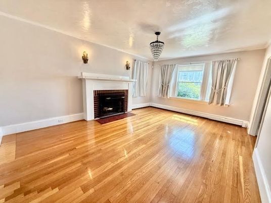 Empty room, Fireplace, Interior, Pendant Lights, Wood Texture Flooring