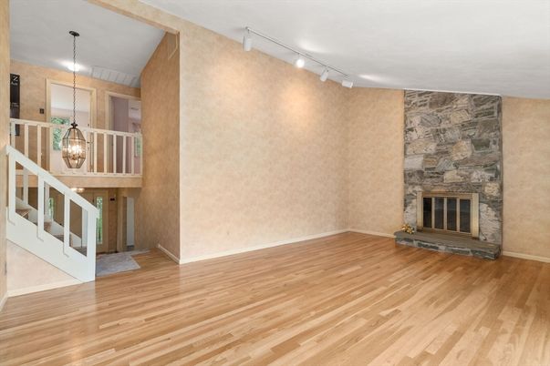 Fireplace, Interior, Pendant Lights, Stone Walls, Wood Texture Flooring
