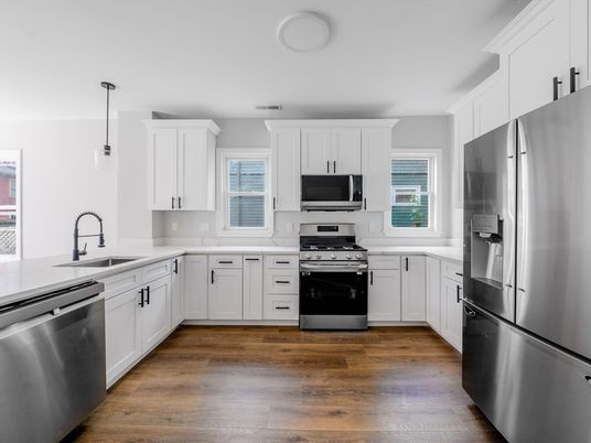 Interior, Kitchen, Pendant Lights, Stainless Steel Appliances, Wood Texture Flooring