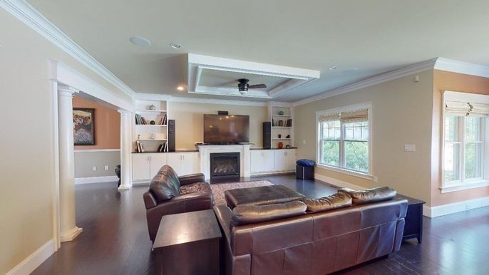 Fireplace, Interior, Living room, Recessed Lighting, Wood Texture Flooring