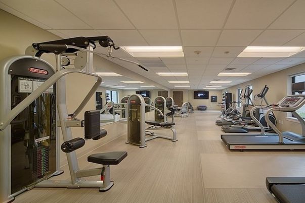 Fitness Equipment, Gym, Interior, Recessed Lighting, Wood Texture Flooring