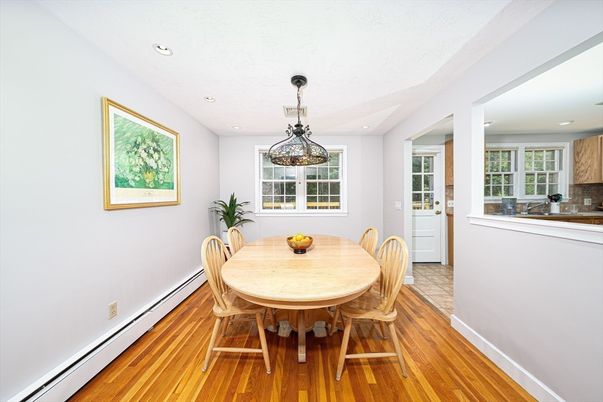 Dining room, Interior, Pendant Lights, Recessed Lighting, Wood Texture Flooring