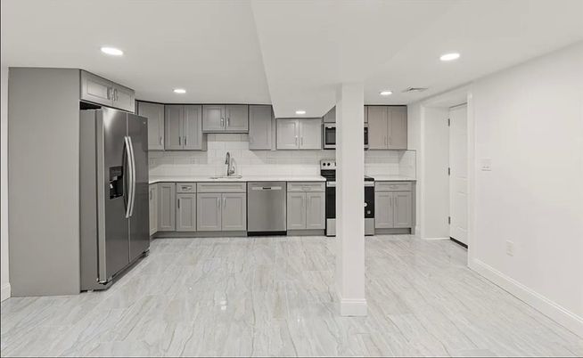 Interior, Kitchen, Marble, Recessed Lighting, Stainless Steel Appliances