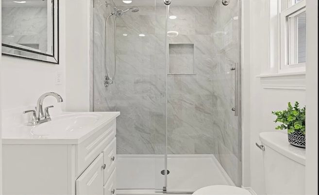 Bathroom, Glass Shower, Interior, Marble Walls, Recessed Lighting