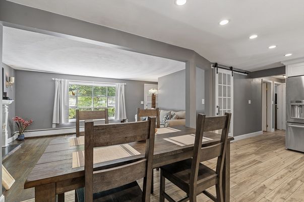 Dining room, Interior, Recessed Lighting, Wood Texture Flooring