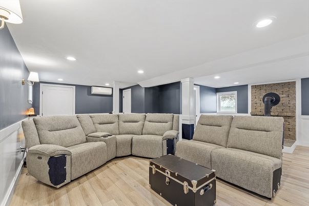 Interior, Living room, Recessed Lighting, Stone Walls, Wood Texture Flooring
