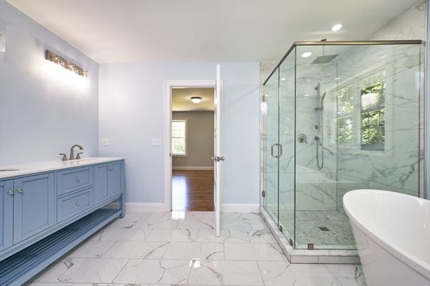 Bathroom, Free Standing Baths, Glass Shower, Interior, Marble, Marble Walls, Recessed Lighting