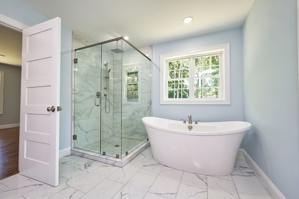 Bathroom, Free Standing Baths, Glass Shower, Interior, Marble, Marble Walls, Recessed Lighting