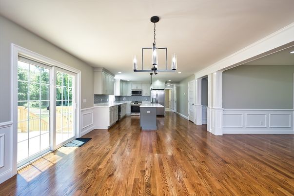 Chandelier, Interior, Kitchen, Pendant Lights, Recessed Lighting, Stainless Steel Appliances, Wood Texture Flooring