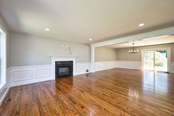 Chandelier, Empty room, Fireplace, Interior, Recessed Lighting, Wood Texture Flooring