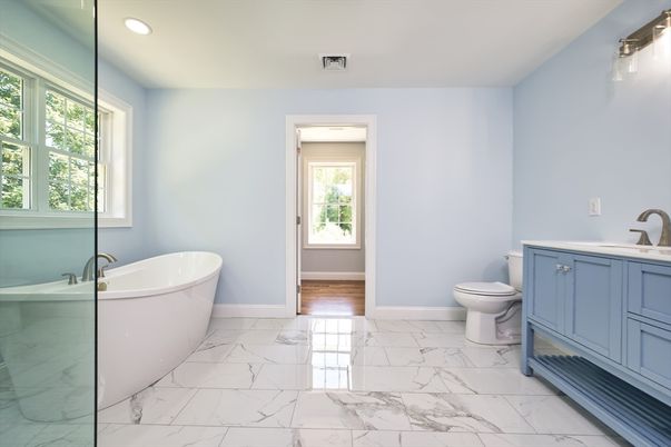 Bathroom, Free Standing Baths, Interior, Marble, Recessed Lighting