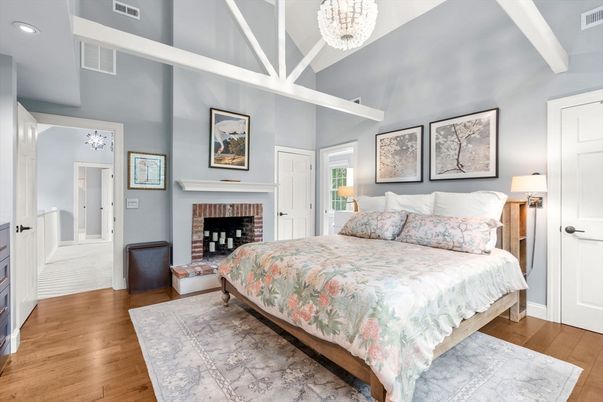 Bedroom, Fireplace, Interior, Recessed Lighting, Wood Texture Flooring